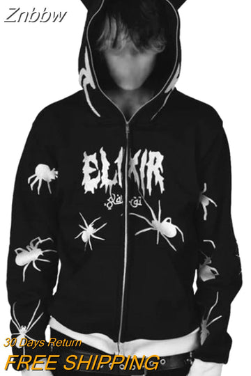 Znbbw Hip Hop Men Sweatshirt Hoodie Full Back Spider Web Printed Streetwear Y2k Pullover Winter Fall Hoodie Casual Zip Jacket